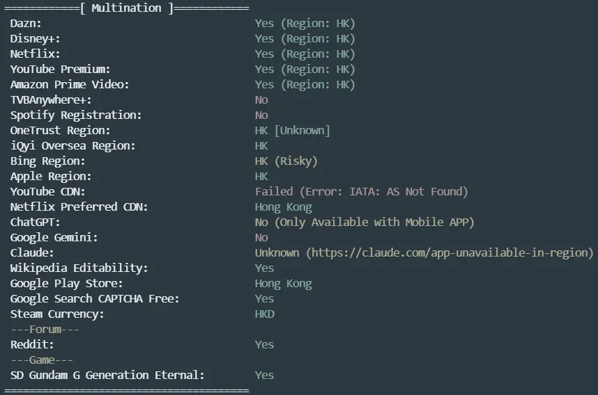 DIYVM 香港 CN2 GIA 流媒体解锁检测截图