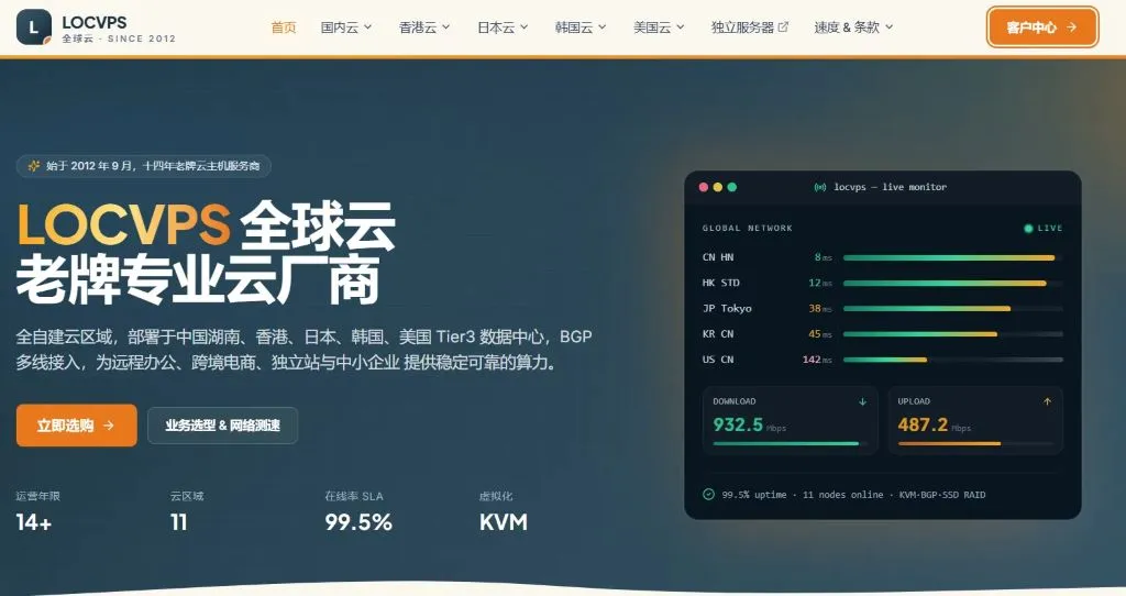 全球云 LOCVPS 官网首页截图