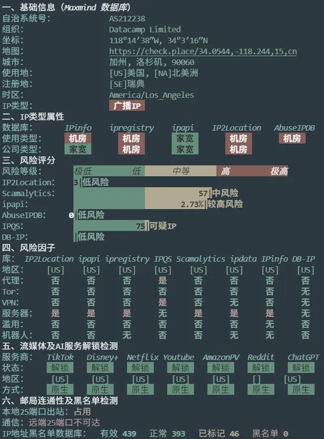 UltaHost 美国 VPS IP 质量体检报告截图